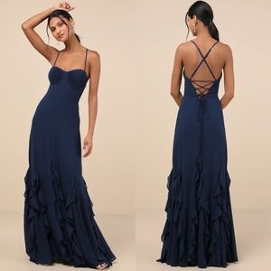 Lulus Priela Dark Navy Ruffled Lace-Up Maxi Dress Wedding Party Formal NWT